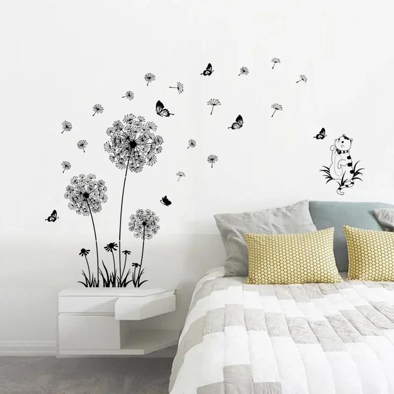 Cute Cat Black Dandelion Wall Sticker Butterfly Wall Living Room Bedroom Window Decoration Mural Art Decals Home Decor Stickers