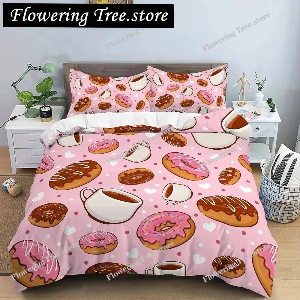 Snack Duvet Cover Set Coffee Bread Donut Pattern Pink Polyester Comforter Cover For Kids Adult Teen Bedding Set Queen King Size