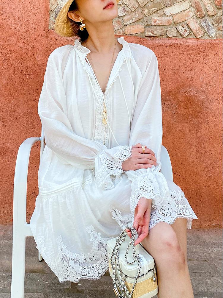 Women's Long Sleeve Elegant Tencel Linen Dress - French Southern Summer Vacation Style