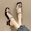 Thick-heeled Sandals Girl 2025 Summer New French Fairy Wind Toe High-heeled Bow Rhinestone Retro Cool Slippers