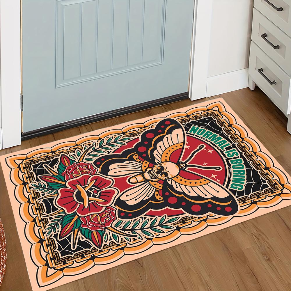 Butterfly Tiger Welcome Door Mat with Pattern Mat for Kitchen Bathroom Checkered Border Bedroom Rugs Home Decoration Carpet