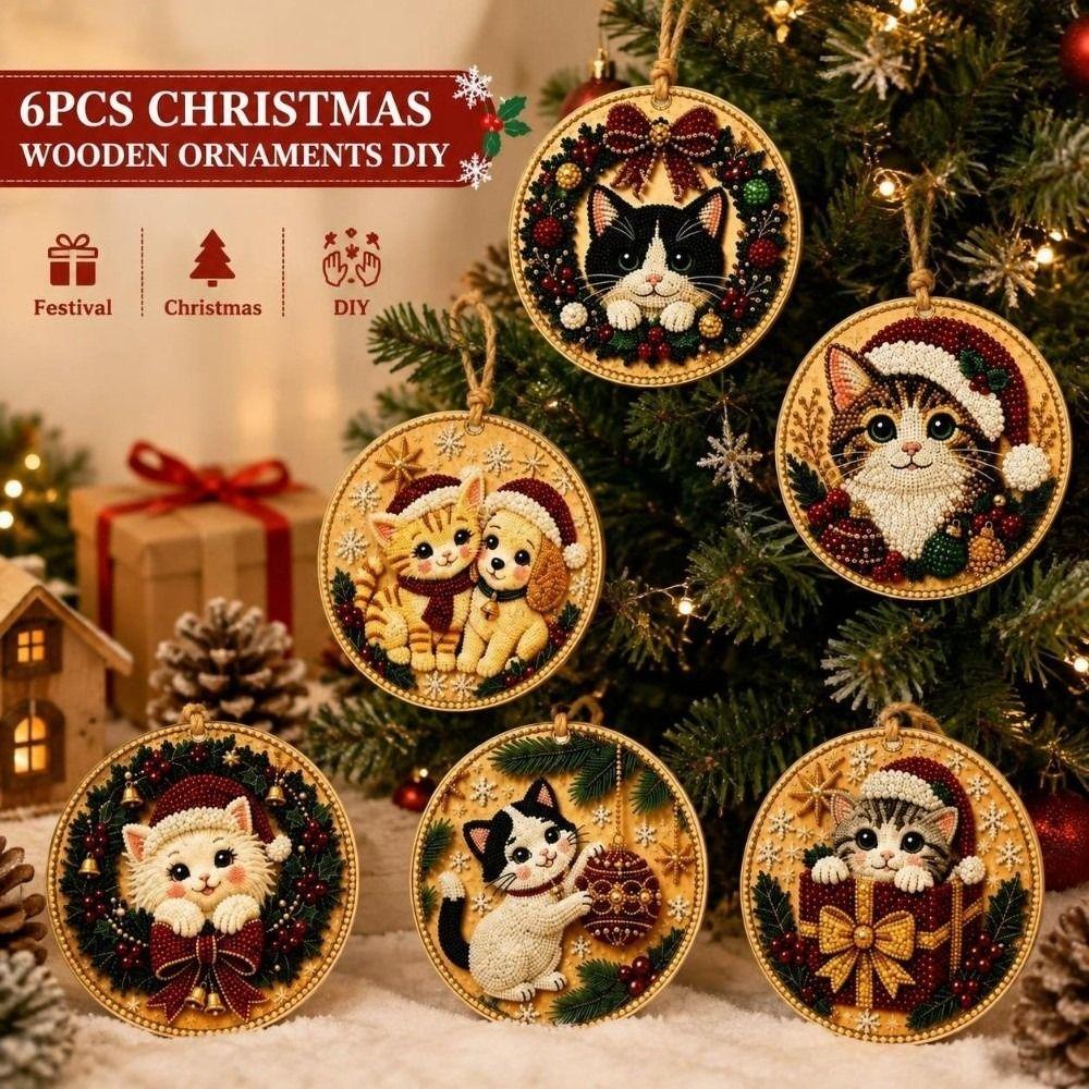 6PCS Natural Wood DIY Craft Ornament Set Christmas Theme Christmas Ornaments Tag