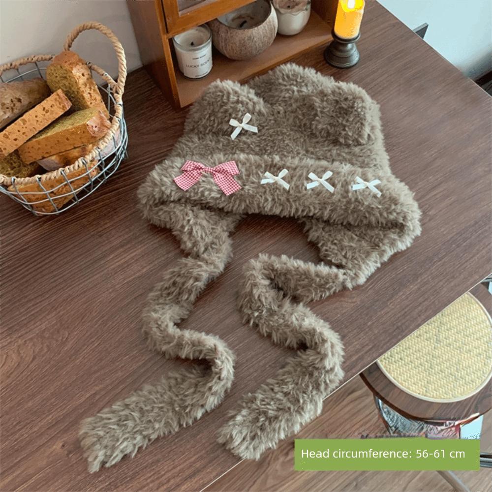 Cute Thickened Bear Ears Knitted Hat Ear Protection Soft Bow Earmuffs Windproof Warm Bear Hat Winter Season Women Wear