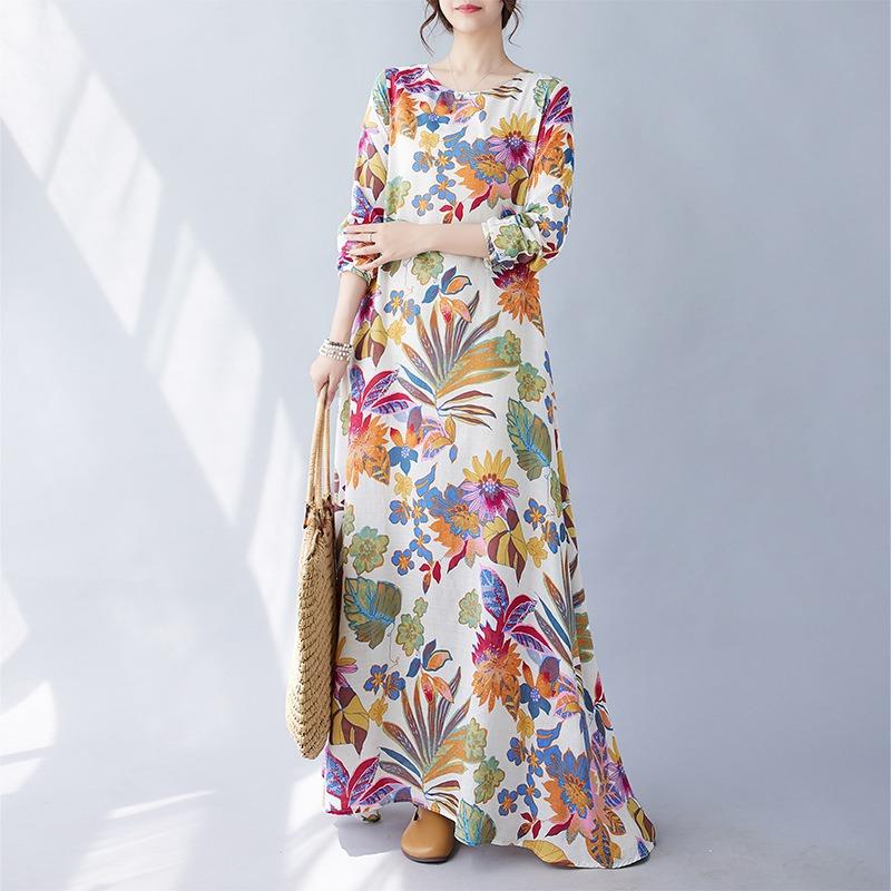 Real autumn new literary large size loose printing round neck long sleeve dress women's long dress