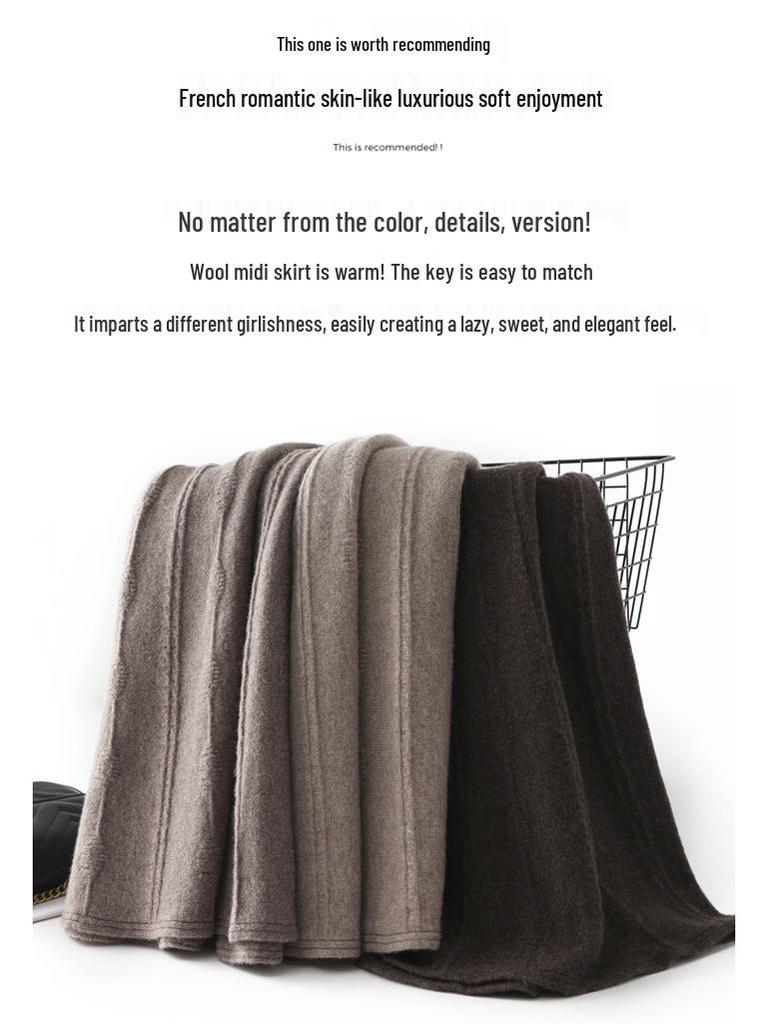 100% Pure Wool Women's Spring-Autumn Mid-Length High-Waisted Pleated A-Line Cashmere Knitted Umbrella Skirt