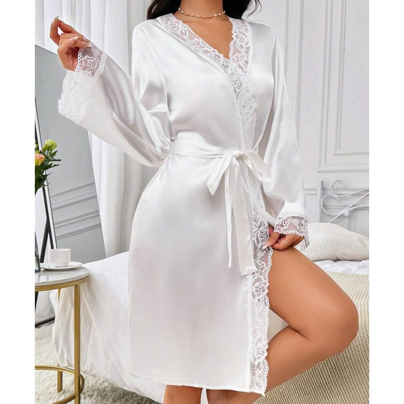 1011 new coat European and American style sexy nightgown simulation silk lace wedding morning gown women's love nightgown
