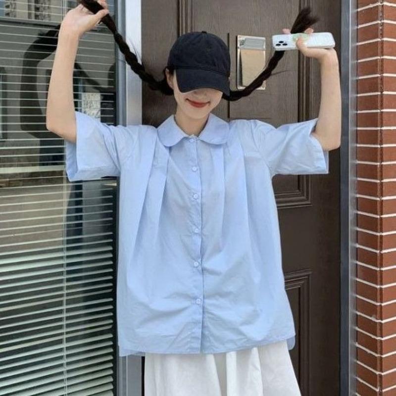 Women's Blue Shirt Female Peter Pan Collar Short Sleeved Blouses Summer New Korean Version Loose Versatile Lady Top