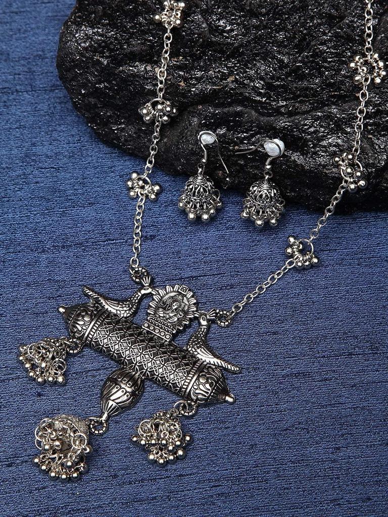Latest Stylish Design Fancy Oxidised Silver Afghani Chain Pendant Earrings Necklace Jewellery Set for Women