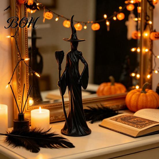 Office Desk Decoration Cute Witch Cat Resin Figurine, Halloween Garden Statue, Spooky Home Indoor Outdoor Yard Decor Ornaments for Patio Balcony