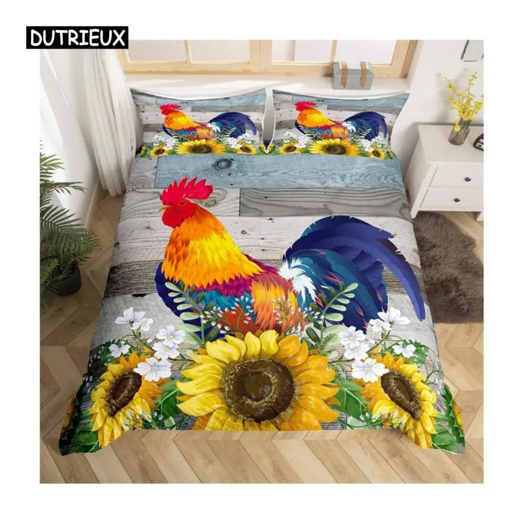 Duvet Cover Pastoral Scenery Animal Chicken Twin Country Sunflower Rooster Comforter Cover Microfiber Rustic Barn Bedding Set