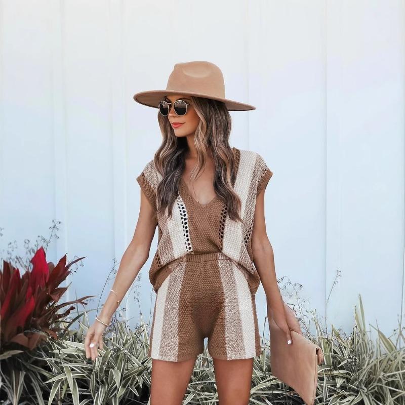 Übergröße Damen Sommer V-Ausschnitt Strickware Neue Mode Lässige Jacke Shorts Zweiteiler