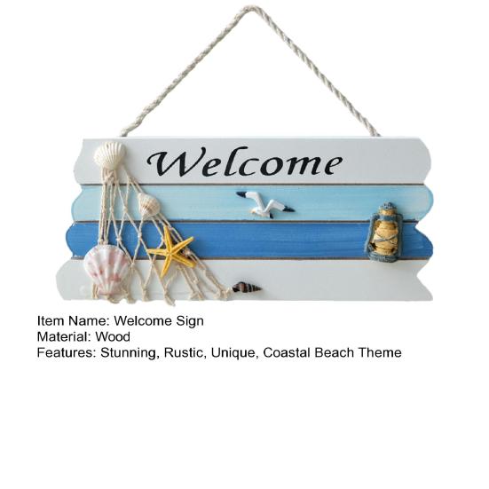 Beach Welcome Sign for Front Door Summer Ocean Wood Plaque Rustic Door Hanger with Starfish Shells for Farmhouse Outdoor Porch Decor