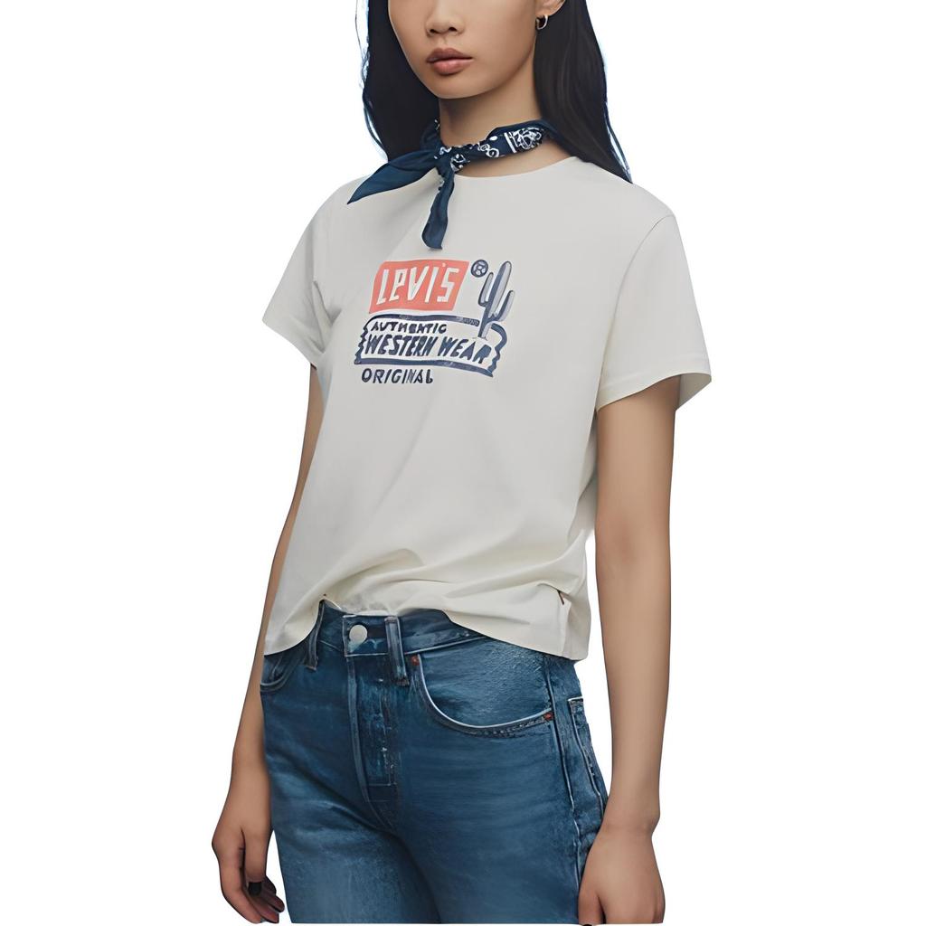 Levis Color Block Letter Print Comfortable Short Sleeve T-Shirt Women T-Shirts White A9276-0000
