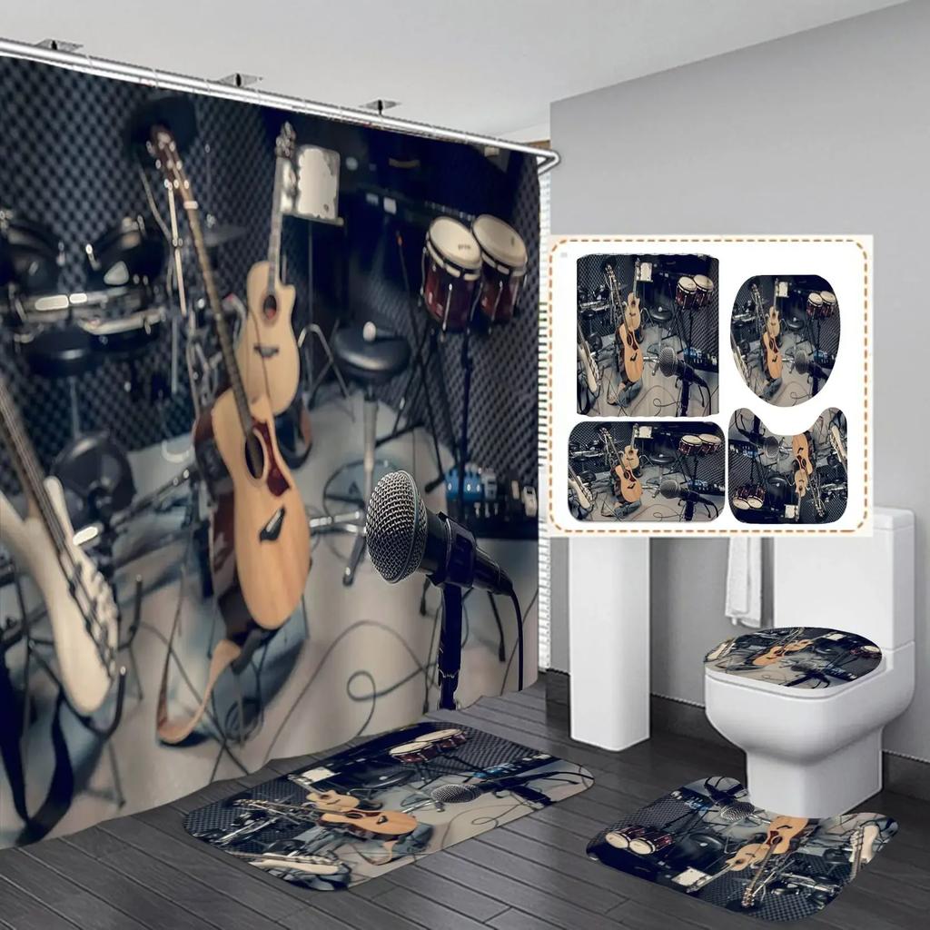 4Pcs Fire Burning Electric Guitar Shower Curtain Sets, Stone Wall Modern Bathroom Sets Waterproof,Non-Slip Bath Rugs Toilet Mat