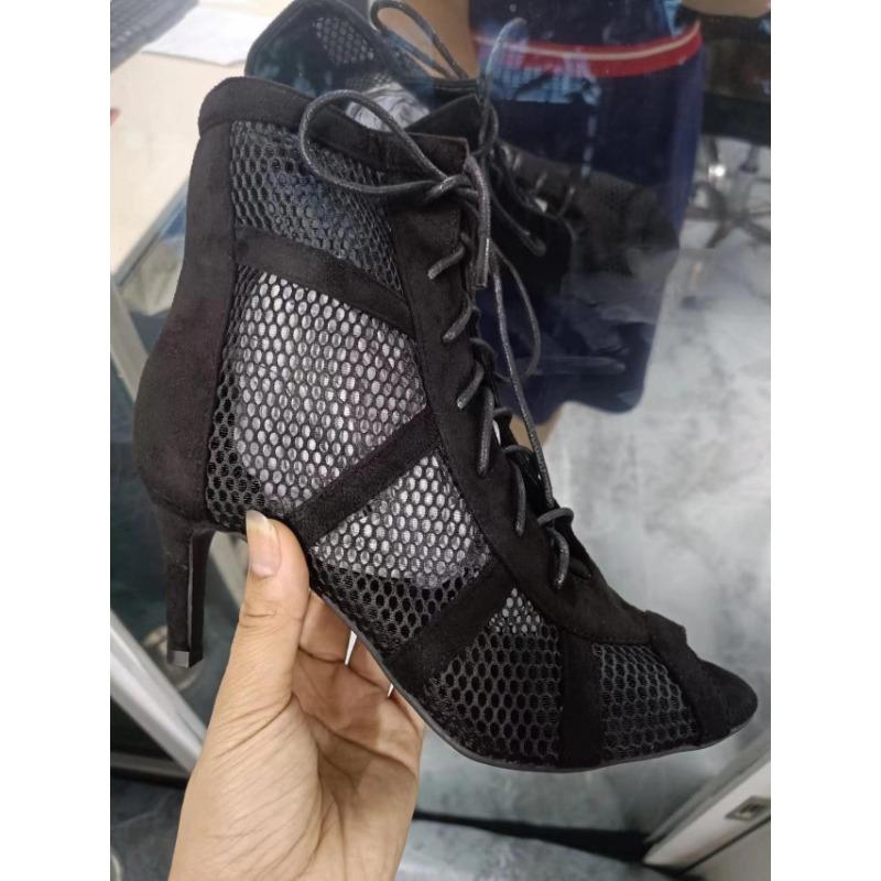 Aneikeh 7CM Middle Heel Ankle Strap Hollow Out Mesh Ankle Boots 2023 Fashion Summer Lace Up Cross-tied Peep Toe Surface Women Dress Shoes Size 35-43