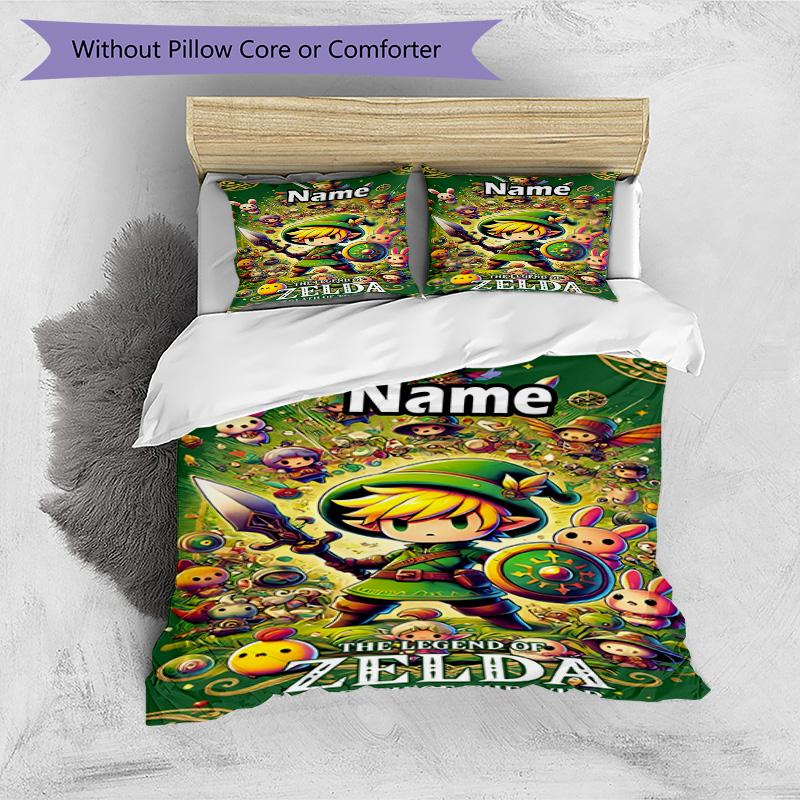 3pcs Duvet Cover Set (1*Duvet Cover + 2*Pillowcase, Without Core), Custom Name The Legend of Zelda Pattern Bedding Set, Home Bedroom Decor Gift