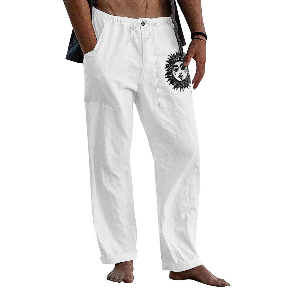 Men's Casual Loose And Comfortable Casual Pants Cotton Linen Printed Drawstring Trousers