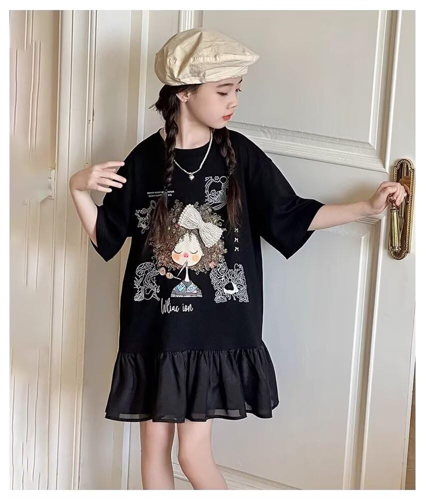 Kuhvvse Short Loose Plus Sizes Kids' Dress, Girls' Sleeve, Summer, Fit, Sizes, Cute, Stylish, Casual, 120-170 (Size 140, Black)