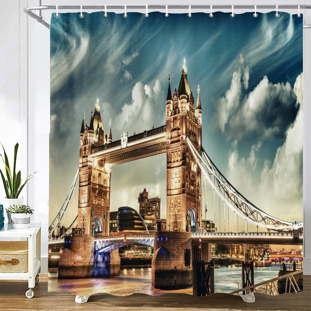 New York London Bridge Shower Curtain Printed Waterproof Fabric Polyester City Scenery Night View Bath Curtain Bathroom Decor