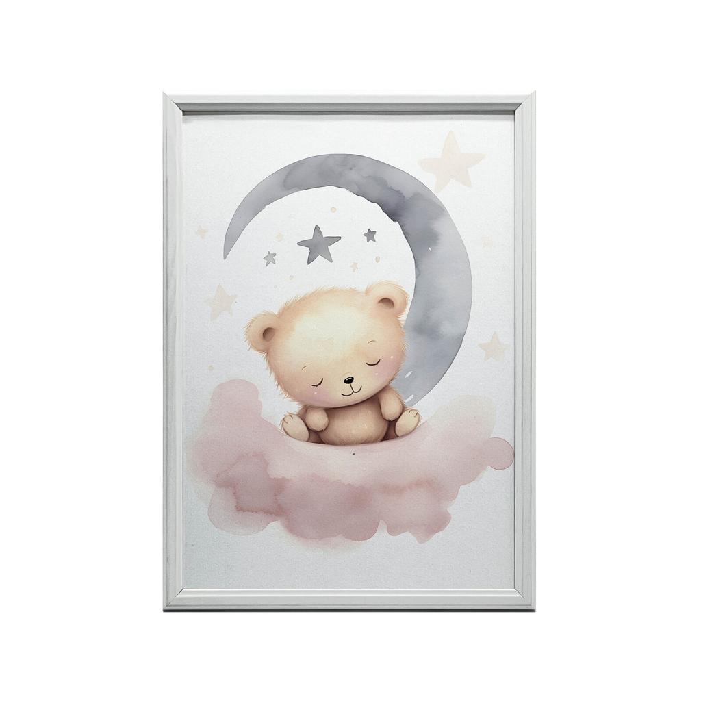 Śpiący Miś Na Różowej Chmurce Śpiący Miś Na Różowej Chmurce, 50X70 Cm, Rama Drewniana Ciemny Brąz, Papier Matowy 230 Gsm