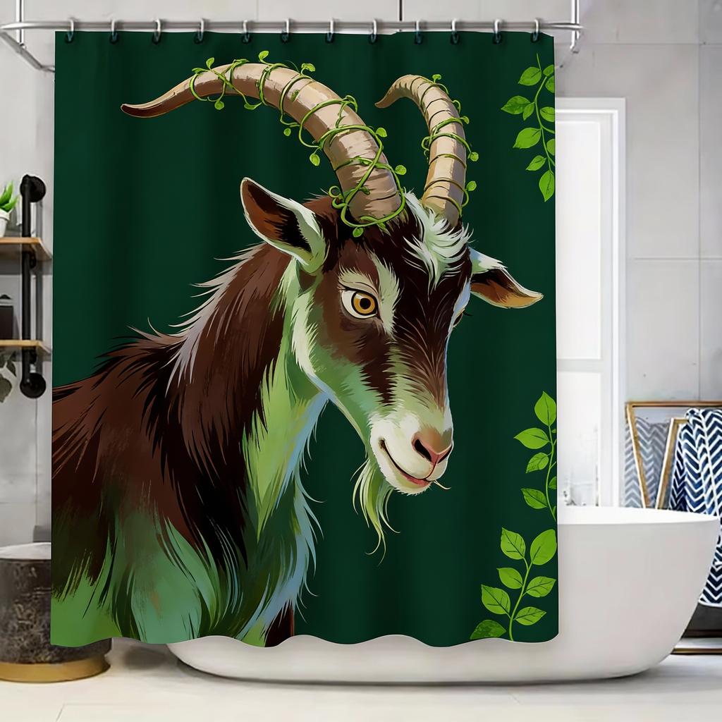 Goat Pattern Waterproof Mold-Proof Shower Curtain Creative Bathroom Curtain Unique Design Stylish Home Decor Complimentary Hook