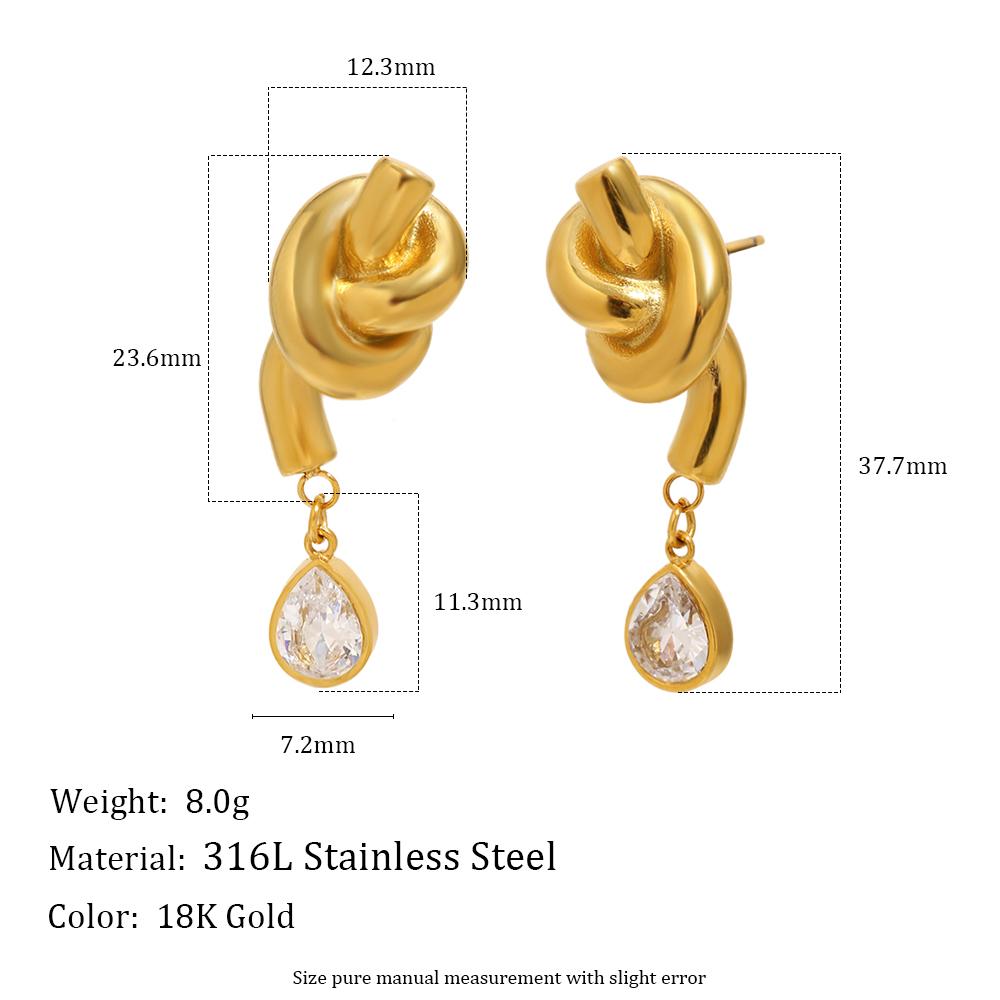 MamacitaSlay 316L Stainless Steel Knot Teardrop Zircon Necklace Earrings 18K Gold Plated Waterproof Casual Jewelry Set For Women