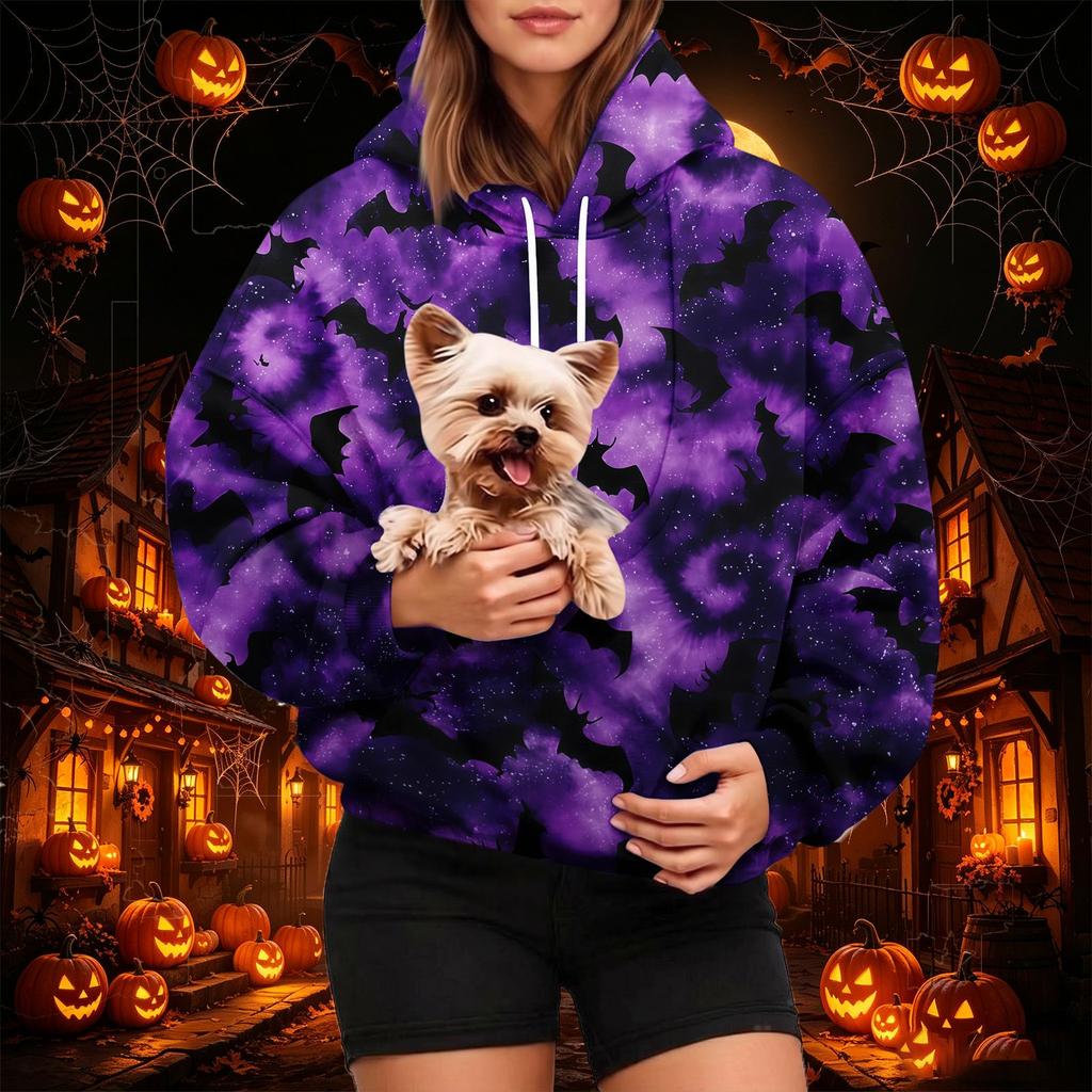 Women's Fashion Halloween Print Hoodie with Pet Pocket, Casual Pullover Sweatshirt for Fall