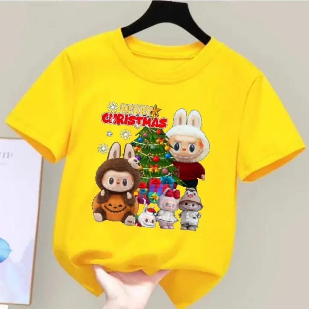 2025 New LABUBU Children's T-shirt Christmas LABUBU Style Round Neck Short Sleeved Casual Girls' Top