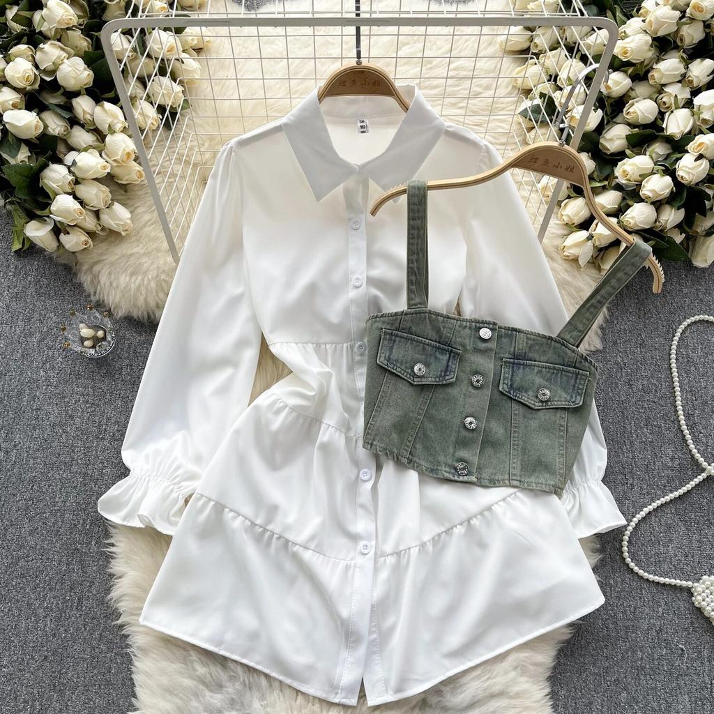 Koreansk Seriekläder Återupplivande Tvådelat Set Topp Retro Kort Jeansväst Trendigt Allmatchande Mellanlångt Skjortset