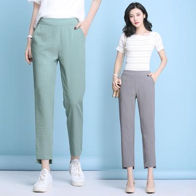 Women Casual Harajuku Spring Summer Trousers Solid Elastic Waist Cotton Linen Pants Ankle Length Harem Pants