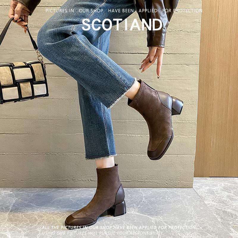 Yuexinwang genuine leather flat for Huizhou women's shoes grape mother same short leather boots autumn and winter new thickened Martin boots women