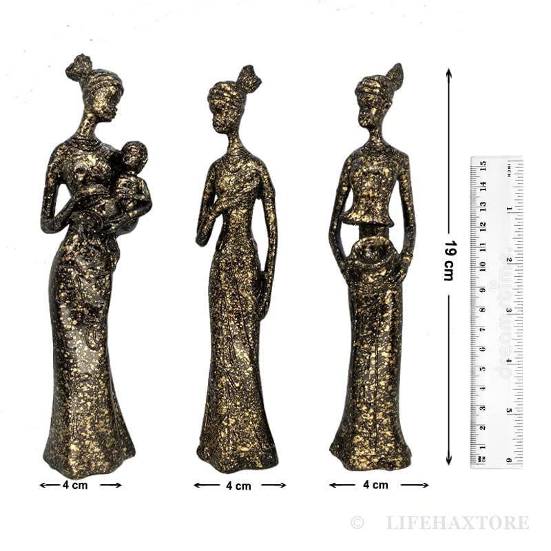 Home Decor African Tribal Women Art Piece, Beautiful Finish Uniquely Hand Crafted - (Set of 3, Black and Golden)