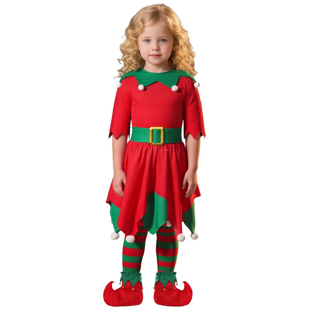 Kinder Mädchen Weihnachtsmann Weihnachten Elf Rotes Kleid Socken Hut Sets Kinder Weihnachten Neujahr Cosplay Kostüme Aufführung Rollenspiel Outfit