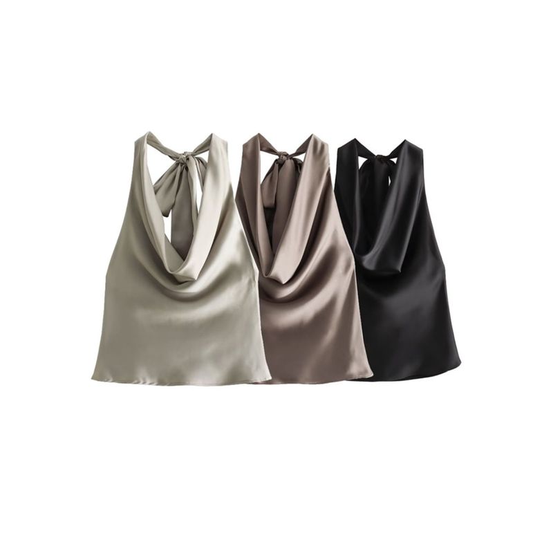 Kaslead New Arrival Women's Clothing Fashion Style Silk Satin Texture Hanging Collar Tops 8432331