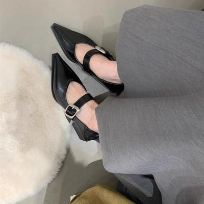 Pointed Mary Jane Single Shoes Women's Spring and Autumn New Fashion One-word Belt Buckle Light Mouth Thick Heel Small Leather Shoes