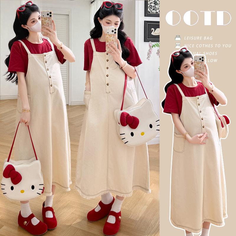 2026 French Style High-End Summer Maternity Short-Sleeve Suspender Dress Set M