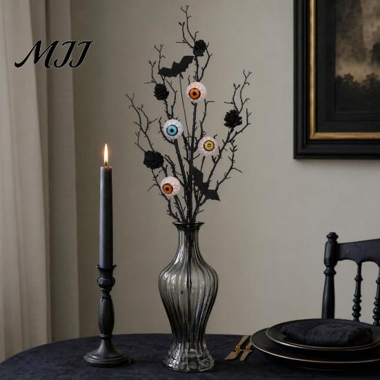 Halloween Spooky Decor Black Artificial Branches, Scary Eyeballs Picks with Bats Pine Horror Atmosphere Cones for Gothic Vase Filler,