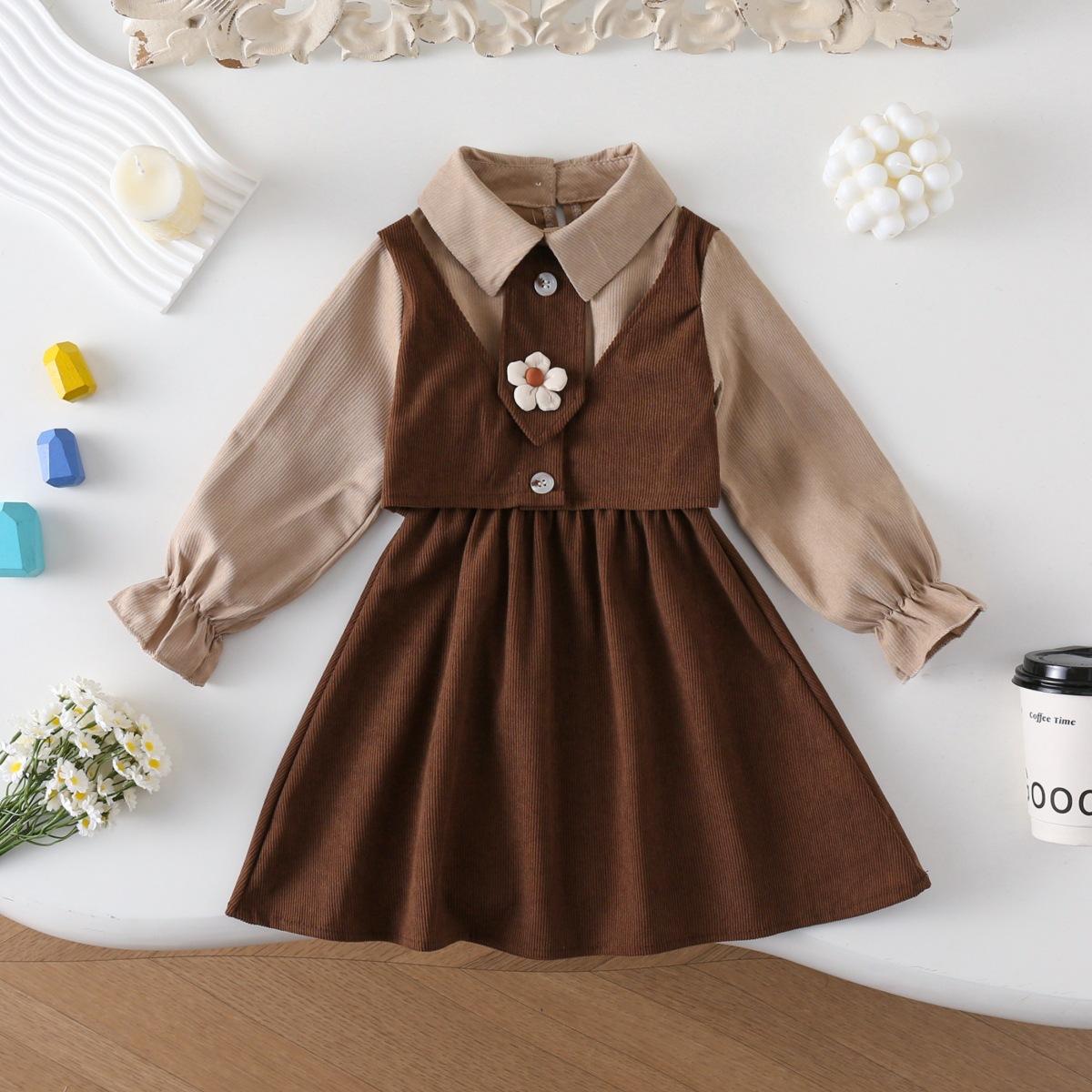 

Платье для девочек весенне-осеннее, детское, в колледжском стиле, вельветовая юбка в лоскутной технике, платье принцессы для девочки 120cm кофейный