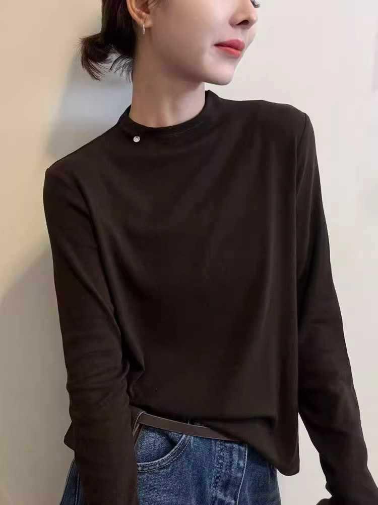 Women's Black Round Neck Loose Long Sleeve T-Shirt - Trendy Casual Base Layer for Spring/Autumn 2025.