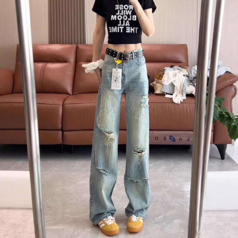 Comfortable Blue Vintage Broken Holes Wide Leg Jeans Women High Waist Thin Drapey Straight Trailing Floor Trousers Jeans for Women Long Denim Pants