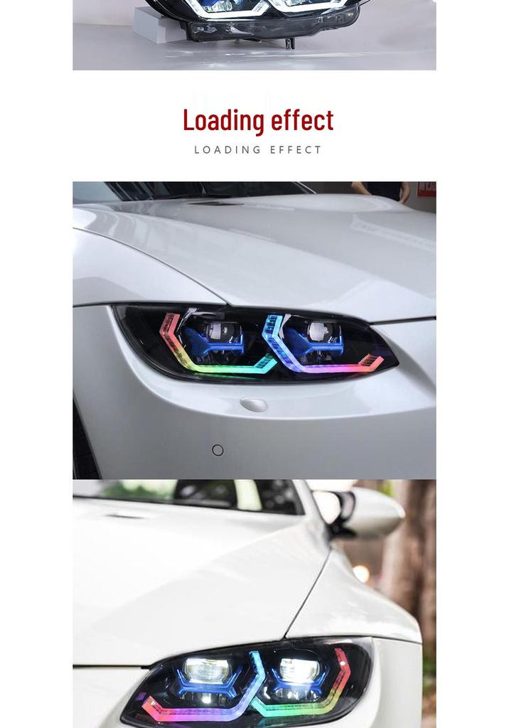 BMW 3 Series E92 E93 M3 RGB Headlight Assembly with Colorful Daytime Running Lights and Turn Signals (2005-2010).