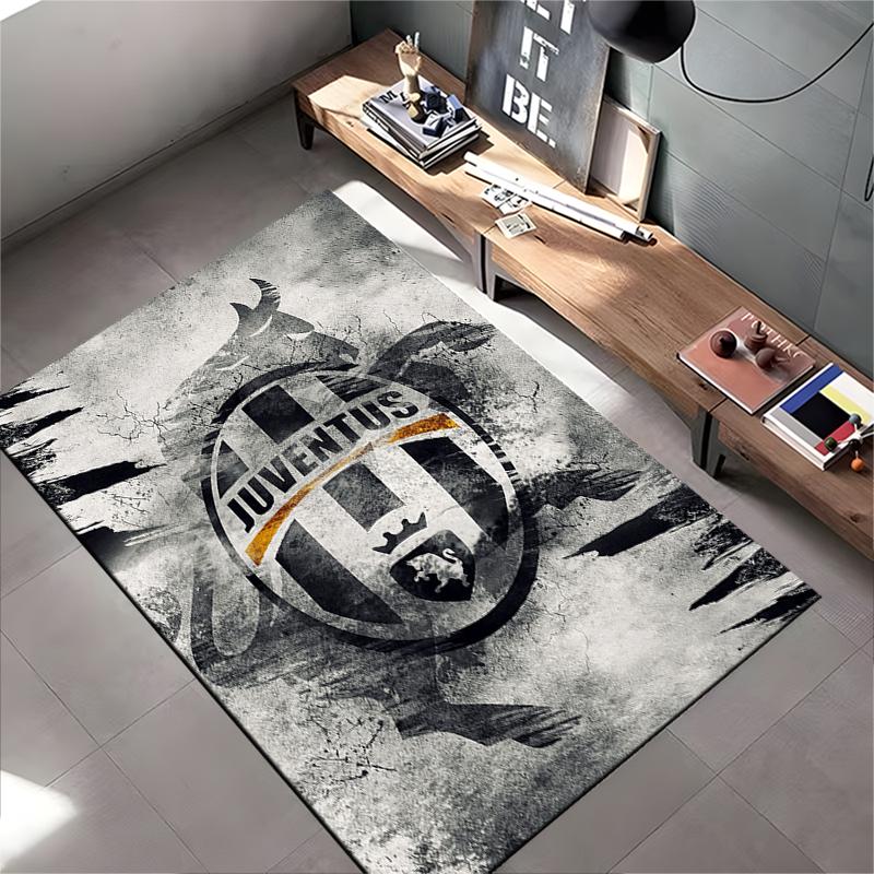 Football Club Area Rug, Juventus FC Black White Grunge Cracked Emblem Bull Print, Soccer Fan Room Decor, Non-Slip Mat