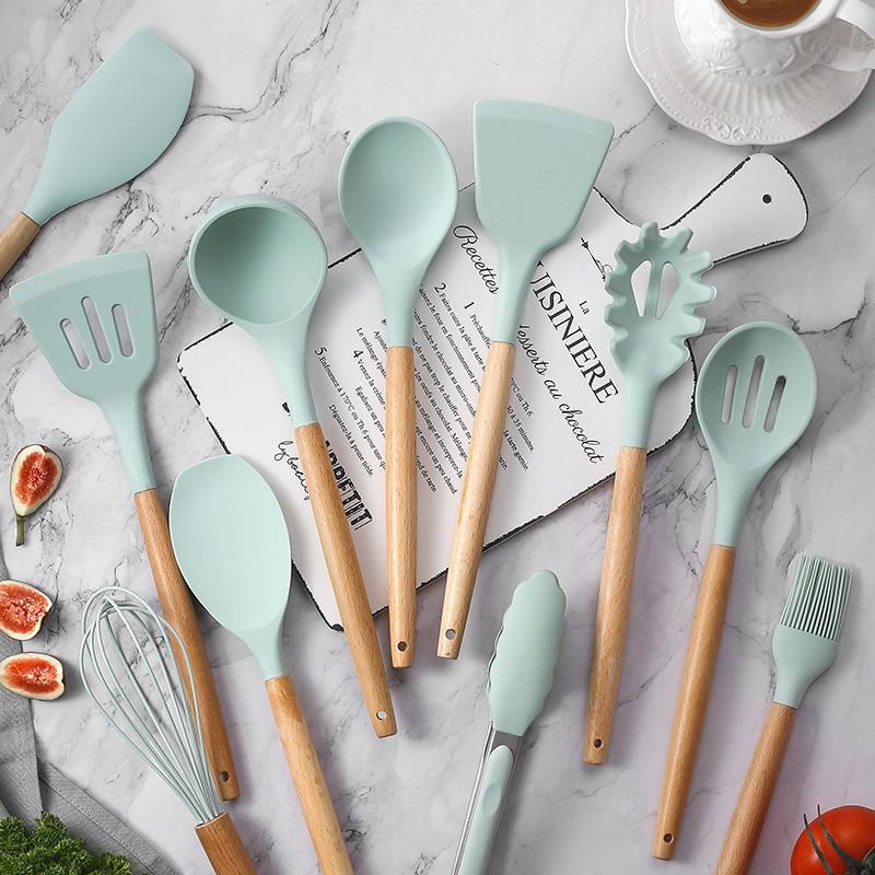 Silicone wooden handle kitchenware set 12-piece set High temperature resistant non-stick pan Scoop clip Kitchenware bucket Baking utensils