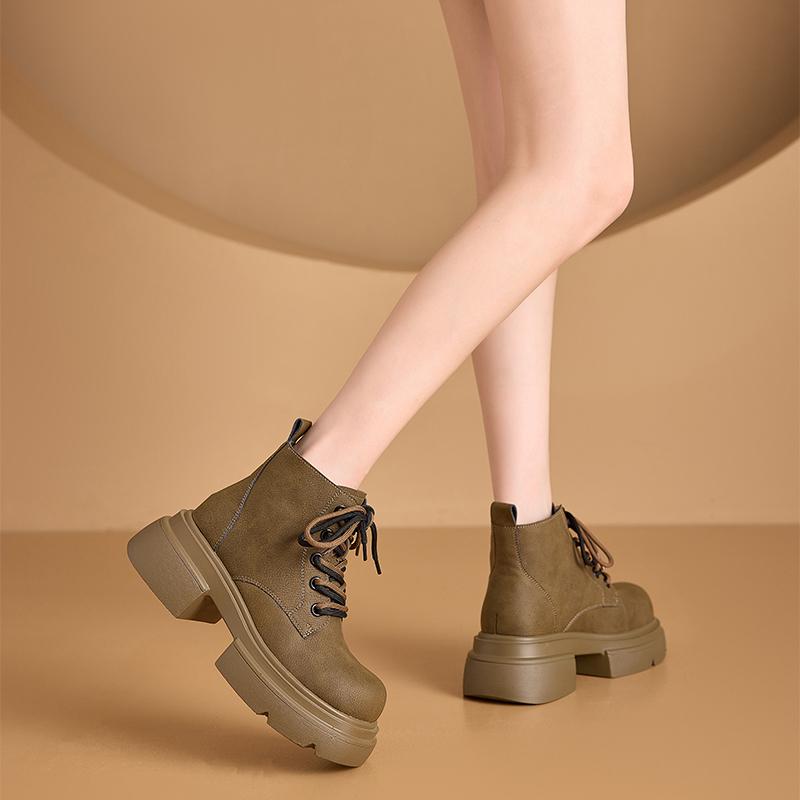 Women's Ankle Boots and Short Boots Thick-soled Casual Yellow Women Boots Plus Size Lace-up Motorcycle Boots Female