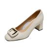 Leather thick heel low heel single shoes women's Korean version white light mouth square head metal buckle fashionable versatile French high heel wom