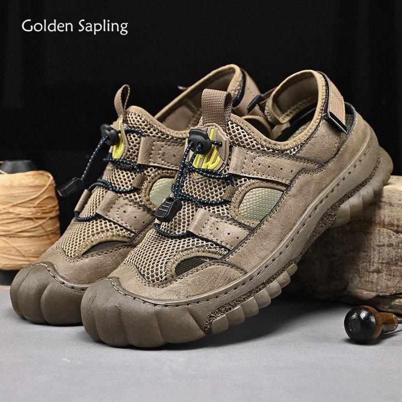 Fashion Golden Sapling Retro Casual Shoes Summer Men's Sandals Outdoor Beach Shoe Platform Sandals Men Genuine Leather Sandales Hommes
