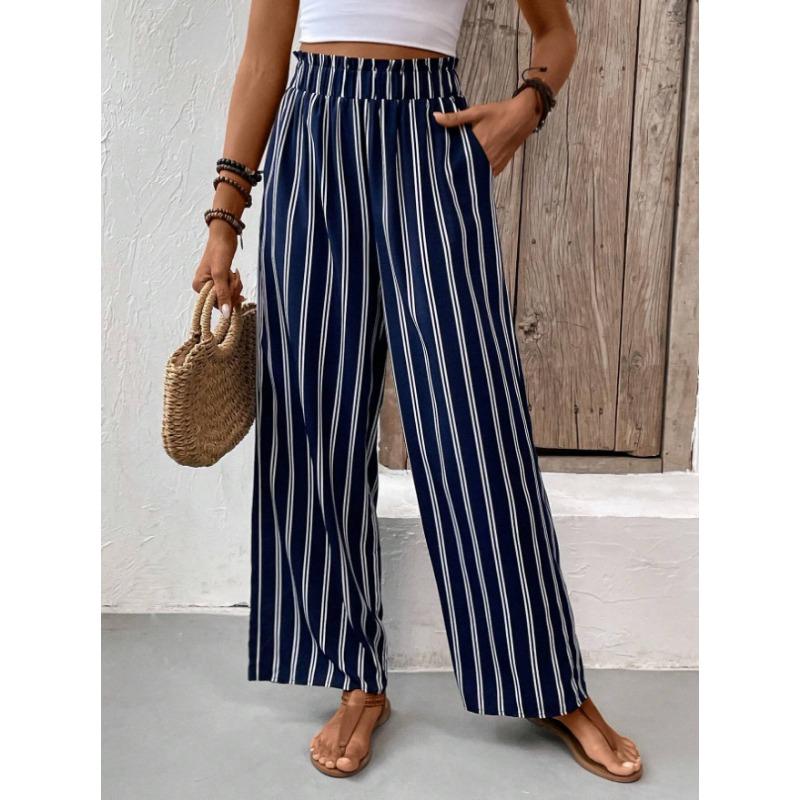 Dámské volné ležérní kalhoty se širokými nohavicemi s pruhy, letní nové kalhoty s vysokým pasem a rovnými nohavicemi