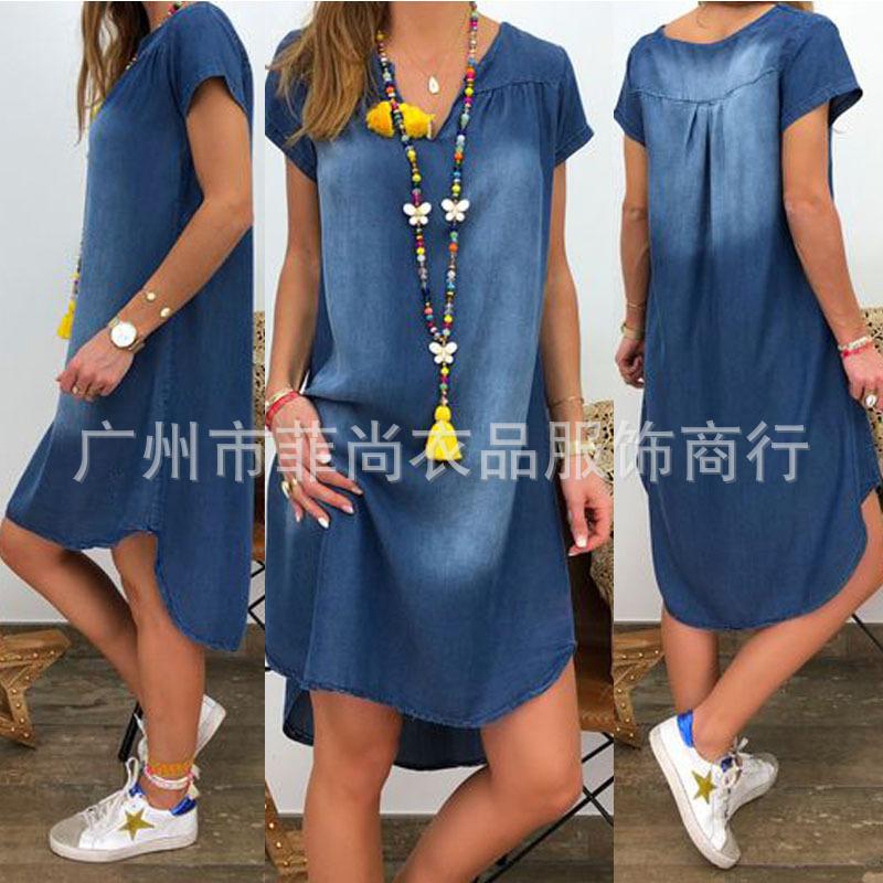 

Женское повседневное джинсовое платье с V-образным вырезом и короткими рукавами, однотонное 3XL темно-синий