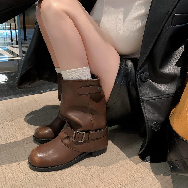 

Spice Girls Pants Boots, Trendy Wasteland Wind Pleated Buckle Comfortable Western Boots Women s Autumn 40