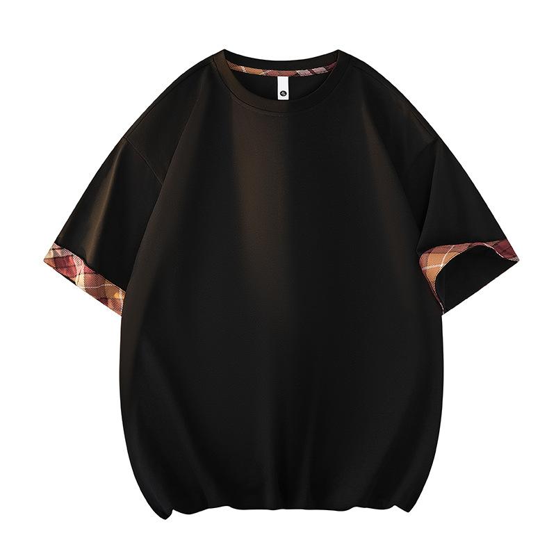 Men s Retro Summer Contrasting Plaid Round Neck Short Sleeved T-shirt M чёрный